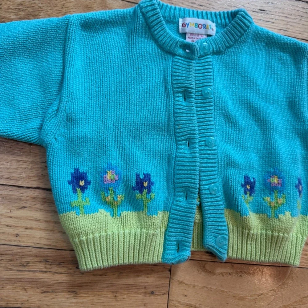 Vintage Rainbow Tag Gymboree Infant Blue Floral Knit Cardigan Sweater Cotton